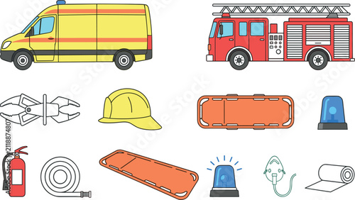 Obraz na płótnie Emergency Medical Services and Fire Department Rescue Operation Asset Set Featur