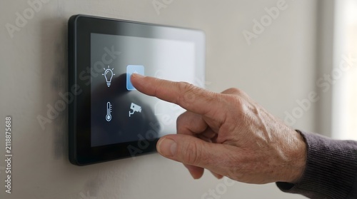Close up of senior finger pressing touch screen on smart home control panel.