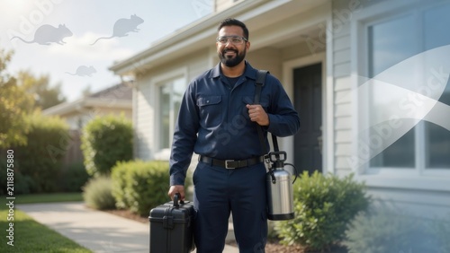 Pest Control Technician with Sprayer at Residential Home