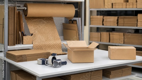 Packing station with cardboard boxes and materials ready for shipping