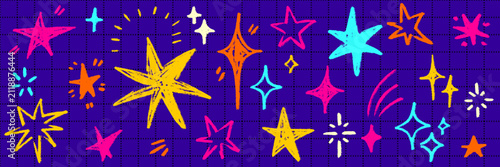 Hand drawn chalk and crayon figures cover the paper. A doodled star, pencil asterisks and another bold crayon star shine, each shaped by a free and playful hand.