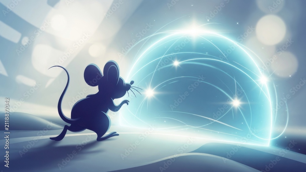Fototapeta premium Mouse Discovering Magical Glowing Portal in Fantasy Scene