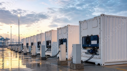 Containers lined up at a shipping yard during early morning hours as the sun rises above the horizon