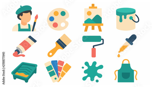 Colorful flat design art tools and supplies collection.