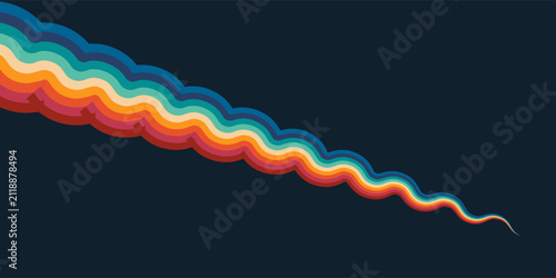 Abstract colorful 70s background vector. Vintage retro style wallpaper with lines, rainbow wavy stripes. 1970 color illustration design suitable for poster, banner, decorative, wall art.
