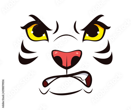 Cuadro en lienzo Angry tiger face emoji of cartoon animal eyes and mouth with emotion expression