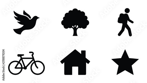 Set of 6 Black Silhouette Icons: Bird, Tree, Walker, Bicycle, House, Star. Simple Vector Graphics for Nature, Travel, Home, and Lifestyle Concepts.