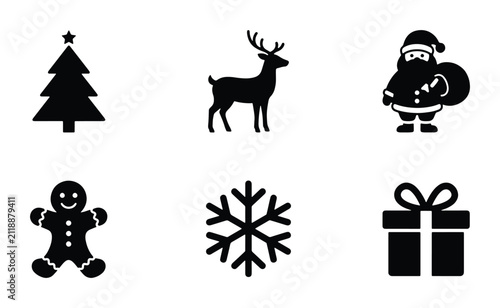 Christmas Icons Set: Santa Claus, Reindeer, Tree, Snowflake, Gingerbread Man, Gift Box Vector Graphics