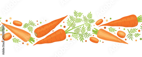 Seamless horizontal border pattern with whole carrots, half-cut root, round slices, green leafy tops and decorative dots