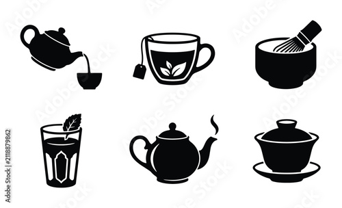 Tea Icons Set: Teapots, Cups, and Accessories for Beverage Service, 6 Vector Graphics Collection