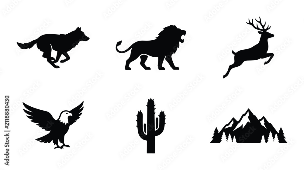 Fototapeta premium Wild Animal Silhouettes: Lion, Wolf, Eagle, Deer Icons, Cactus, Mountain Landscape Vector Set