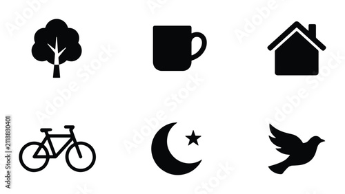 Minimalist Black Icons Set: Tree, Mug, House, Bicycle, Crescent Moon, Dove, Vector Graphics for Design