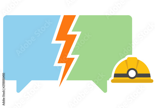 Bild auf Leinwand A graphic illustration depicts communication breakdown with a lightning bolt separating speech bubbles, accompanied by a construction helmet