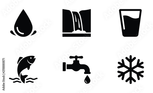 Water Icons Set: Drop, Waterfall, Glass, Fish, Tap, Snowflake, Nature, Liquid, Hydration, Purity, Conservation, Resource, Elements