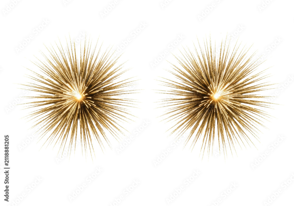 Obraz premium Two spectacular, asymmetrical golden firework bursts, microscopic gold glitter particles and radiating light trails against a stark white studio background, high-speed photography, concept of festive