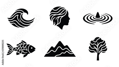 Nature Elements Icons: Wave, Woman Silhouette, Water Ripples, Fish, Mountains, Tree, Vector Graphics