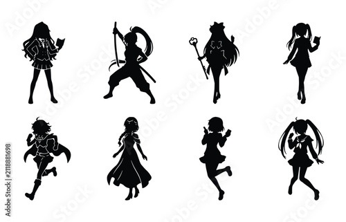 Anime Character Silhouettes, Manga Heroines Collection, Magical Girls Vector Set, Fantasy Female Icons