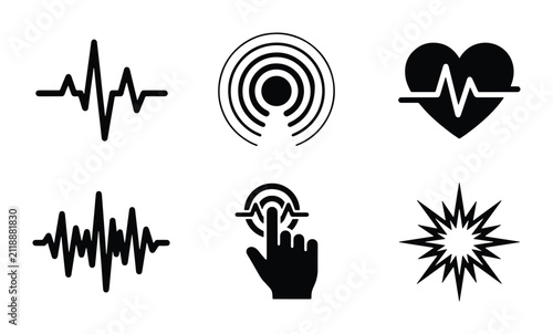 Medical Heartbeat ECG Waveform Icons, Signal Pulse Graphics, Health Monitoring Symbols, Technology Interface Elements