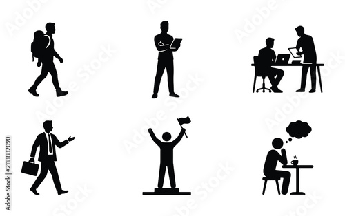 Business People Silhouettes: 6 Vector Icons for Professional Concepts, Teamwork, and Success Scenarios