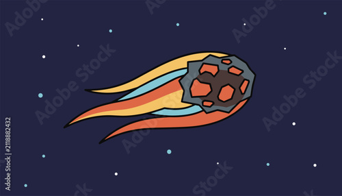 Comet flying through outer space with a fiery tail passing by distant stars in a dark blue universe background illustration.