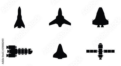 Spacecraft Silhouettes Collection, Futuristic Spaceship Icons, Rocket and Shuttle Vector Graphics, Cosmic Exploration Symbols, Sci-Fi Transport Set