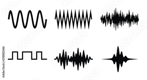 Obraz na płótnie Diverse Sound Waveforms Collection, Audio Signal Graphics, Music Spectrum Icons,