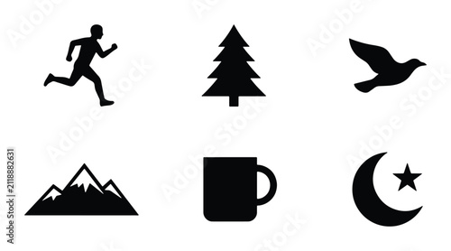 Outdoor Adventure Icons: Runner, Tree, Bird, Mountains, Mug, Moon & Star Set