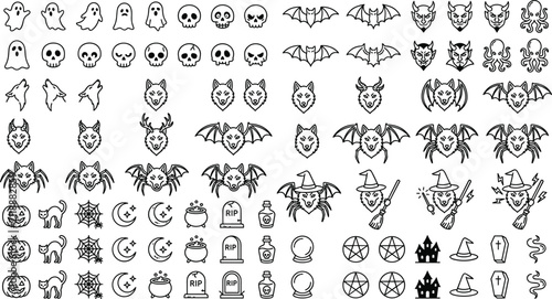 Obraz na płótnie Halloween and Horror Line Icon Set Featuring Spooky Ghosts Skulls Vampires Werew