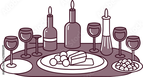 Web Elegant Wine Tasting Table with Cheese and Glasses Minimal Line Art Illustration