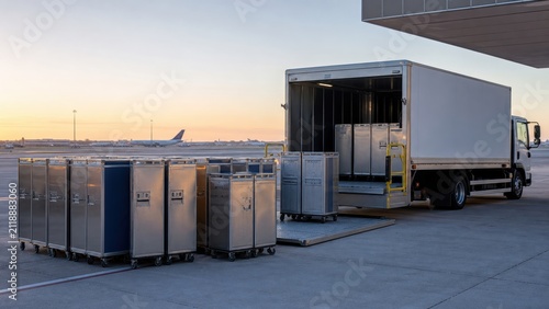 Delivery process happens at airport with cargo truck and containers in morning light