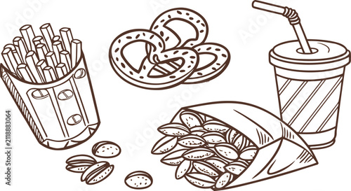 Web Fast Food Snack Collection with Fries Pretzels Chips and Soft Drink Line Illustration