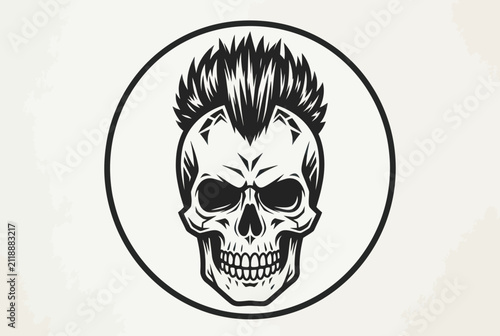Edgy punk rock skull with mohawk hairstyle in circular frame vector illustration