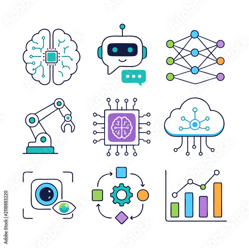 Obraz na płótnie Modern Artificial Intelligence and Machine Learning Flat Vector Icon Set