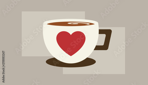 Warm and inviting illustration of a coffee mug featuring a prominent red heart against a soft neutral background for cafe or love themes.