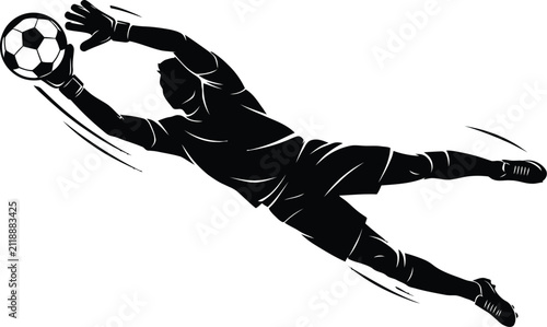 Black silhouette of a soccer goalkeeper jumping to catch a football ball in the air Vector