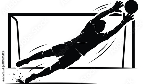 Black silhouette of a soccer goalkeeper jumping to catch a football ball in front of the goal net during a professional match game action Vector