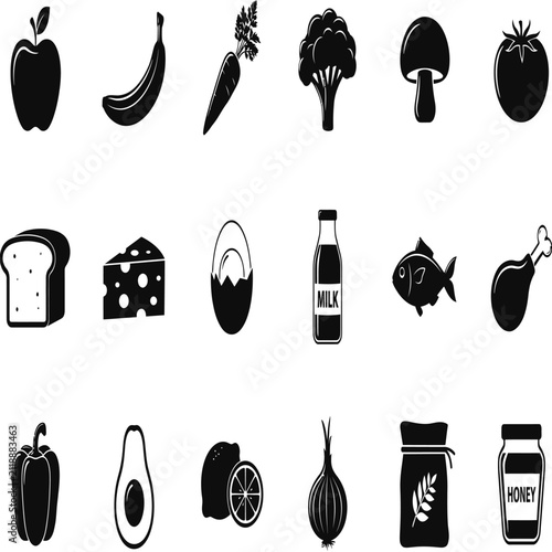 Canvastavla Conjunto de alimentos saludables y comestibles en blanco y negro