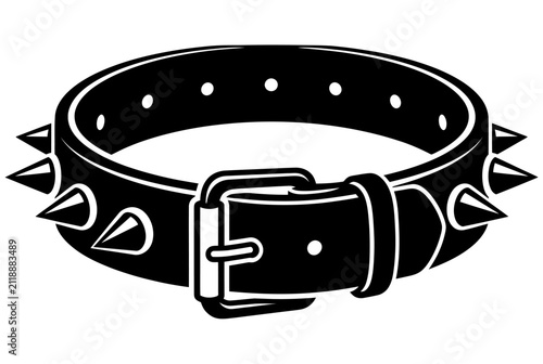 Spiked leather dog collar with buckle, black and white vector icon illustration