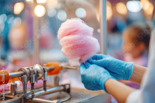 Pink cotton candy being made at a fair stall