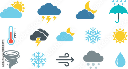 Quadro su tela Weather forecast flat vector icon set featuring sun clouds rain snow and severe