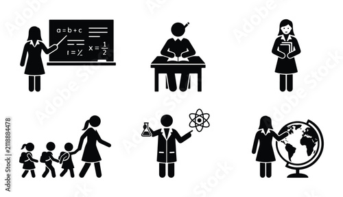 Education Icons Set: Teacher, Student, Science, Geography, Children, School, Learning, Knowledge, Teaching, Academic, Classroom, Study, Research, Instruction, Pedagogy, Wisdom, Schooling