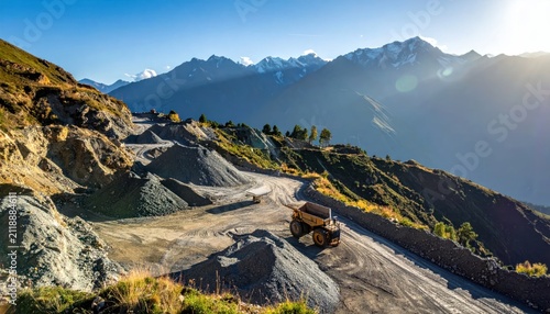 Massive Mining Truck Navigates Steep Mountain Road Amidst Excavation and Majestic Peaks