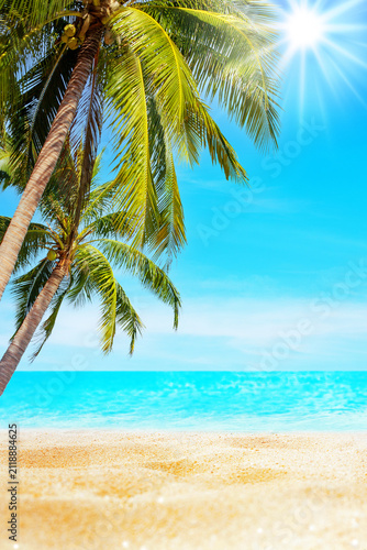 Sea beach landscape, paradise tropical island, green coconut palm tree leaves, turquoise ocean water wave, golden sand, exotic nature, sun blue sky white cloud, hot day, summer holiday vacation travel