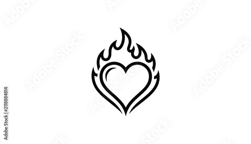Black outline of a heart shape with flames rising from the top representing passionate or burning love concept art design.