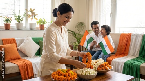 Joyful Indian family preparing floral decorations for India's Independence Day celebration at home