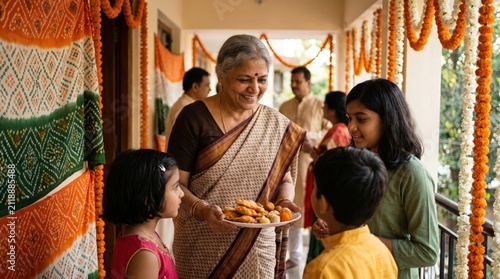 Indian Grandmother Serving Homemade Sweets to Children in Celebration of India's Independence Day