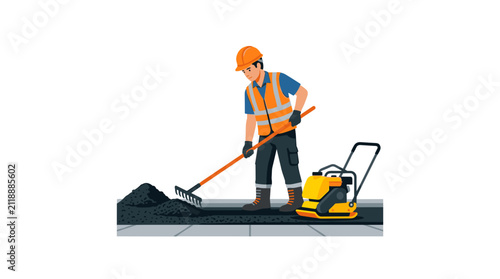 Construction worker paving road with asphalt and compactor.