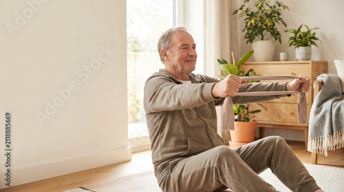 Senior Man Exercising with Resistance Band for Senior Citizen Day