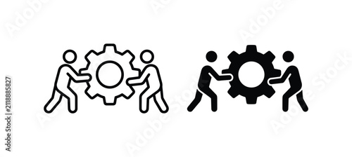 Teamwork Collaboration Icons, Two People Working Together with Gears, Business Partnership Concept, Engineering Synergy, Team Building, Partnership Symbols