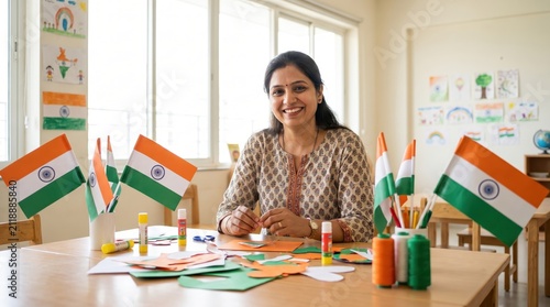 Smiling Teacher Prepares India's Independence Day Crafts with Supplies